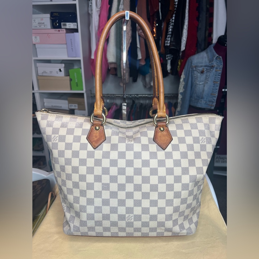 Louis Vuitton White Checkered Tote with Brown Leather Handles